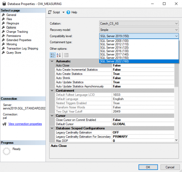 Vlastnosti MSSQL databáze, compatibility level